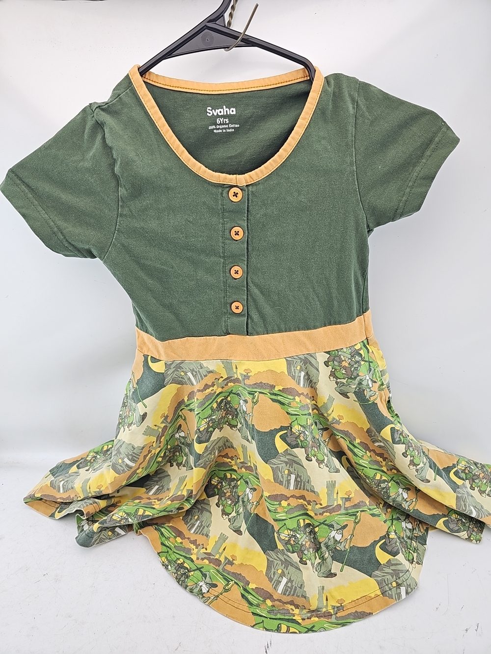 Syaha LOTR Girls' Olive Green & Mustard Short Sleeve Casual Dress With Pockets